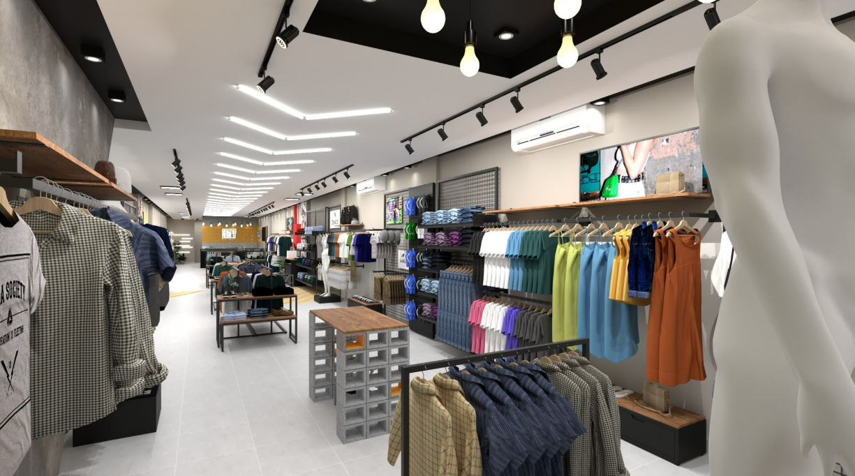 Interior de loja de roupas com manequim, araras e expositores